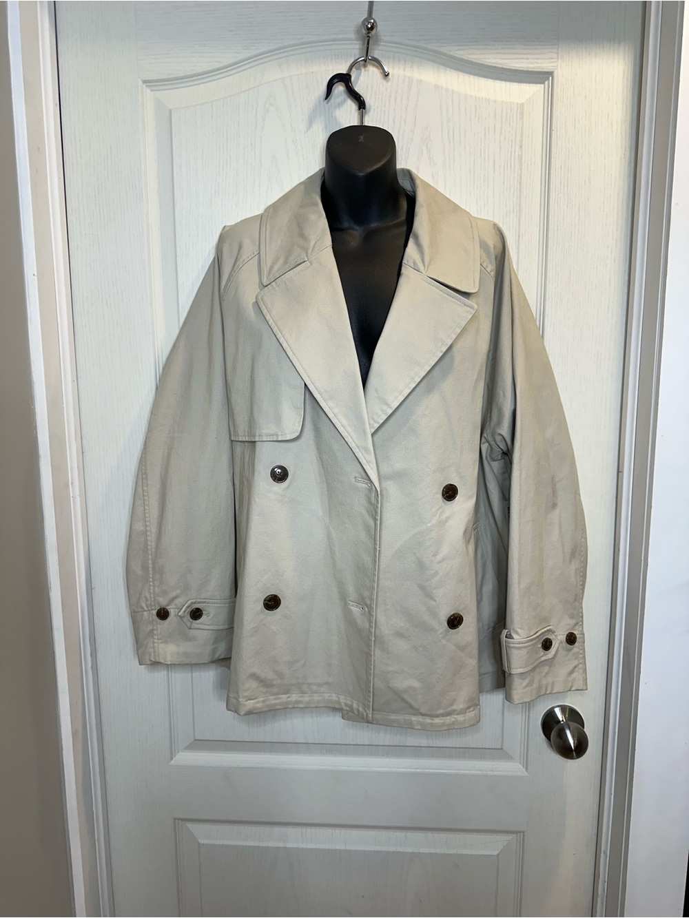 Old Navy Beige Double-Breasted Crop Trench sz L | minimalist neutral oversized